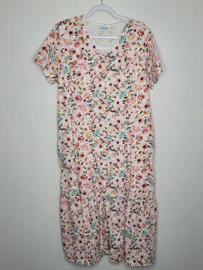 National pink floral cotton maxi button front house dress coat size xl pockets